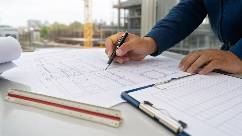 Engenheiro analisando projeto para assistência técnica